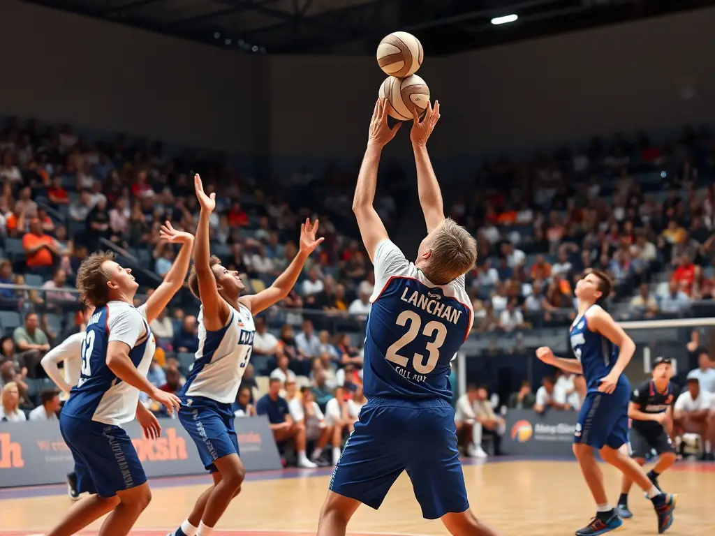 An image of adult handball players competing in a local league match, highlighting the competitive spirit and community support.