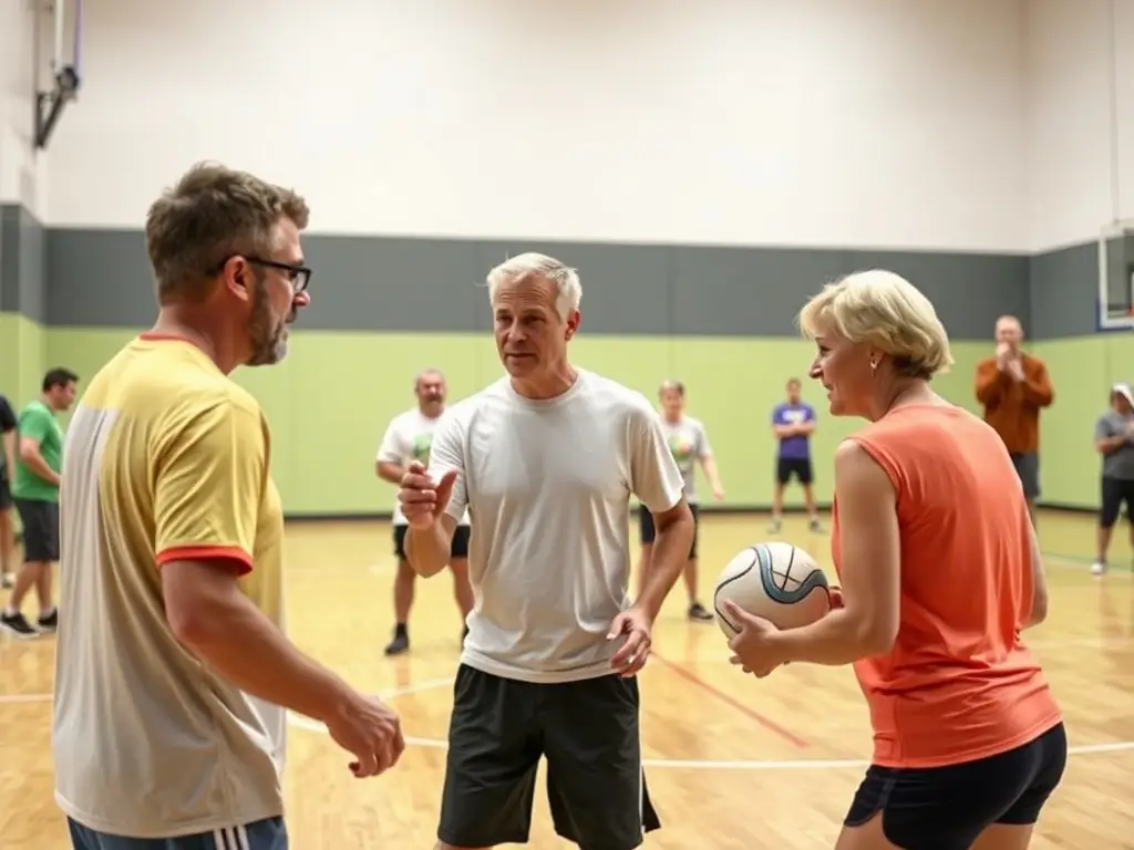 A diverse group of individuals participating in a handball training session, highlighting the inclusive nature of the sport and the welcoming environment at MESNILS-SUR-ITON HANDBALL.