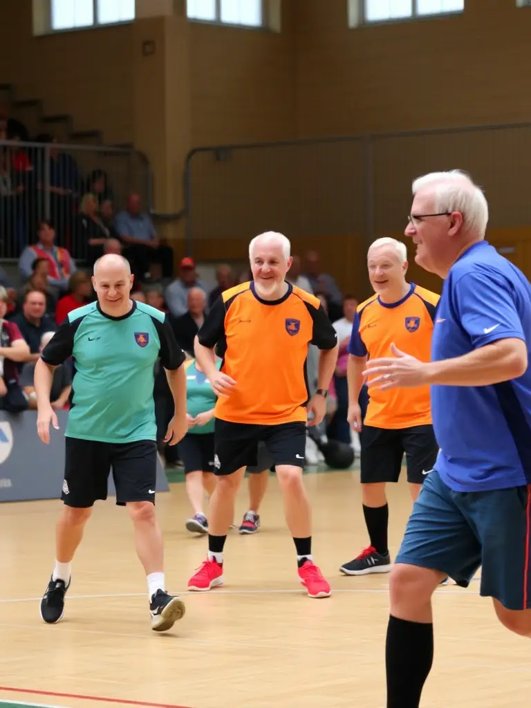A group photo of senior handball players (ages 50+) enjoying a friendly handball game at MESNILS-SUR-ITON HANDBALL, emphasizing the social and health benefits of the sport.