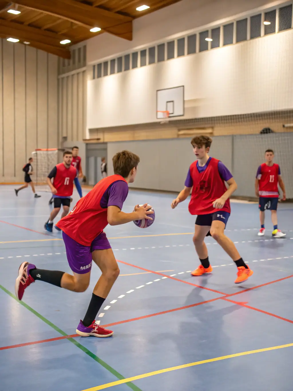 An action shot of teenagers (ages 13-15) engaged in a competitive handball match at MESNILS-SUR-ITON HANDBALL, showcasing dynamic plays and strategic teamwork.