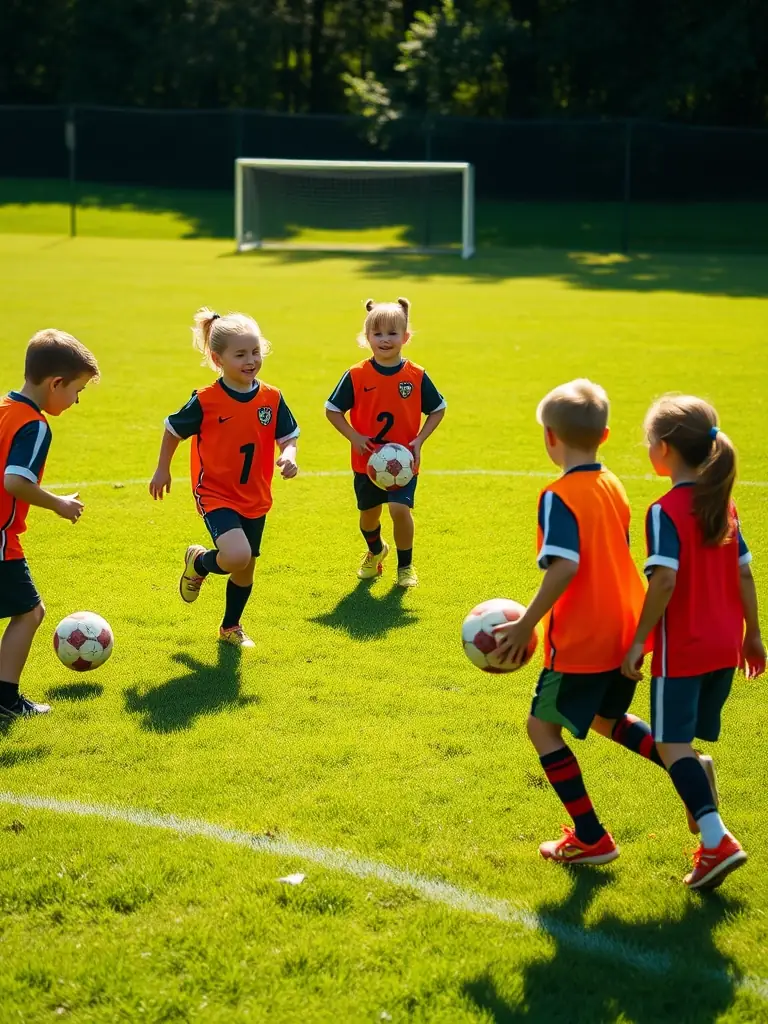 A vibrant image capturing young children (ages 6-8) participating in a fundamental handball training session at MESNILS-SUR-ITON HANDBALL, focusing on basic throwing and catching techniques with soft balls.
