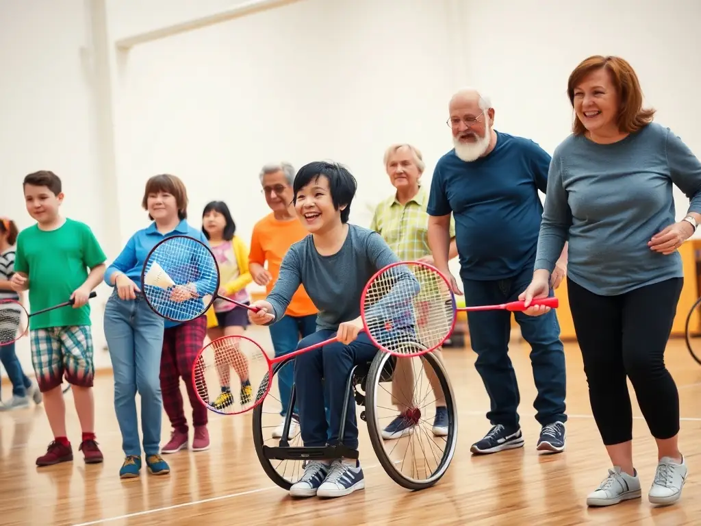 A group of diverse individuals participating in a community handball event, emphasizing inclusivity and the social benefits of the sport.