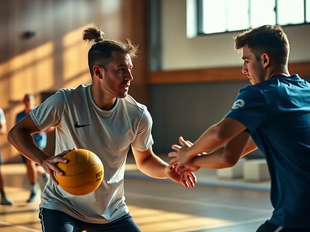 A vibrant image of adult handball players competing in a local league match, showcasing the intensity and camaraderie of the sport.