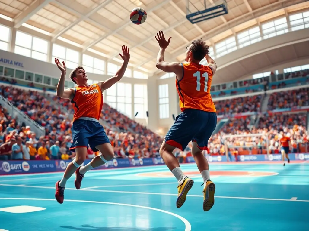 A dynamic shot of handball players in action, showcasing the speed and agility required in the sport, set against the backdrop of a modern sports facility.
