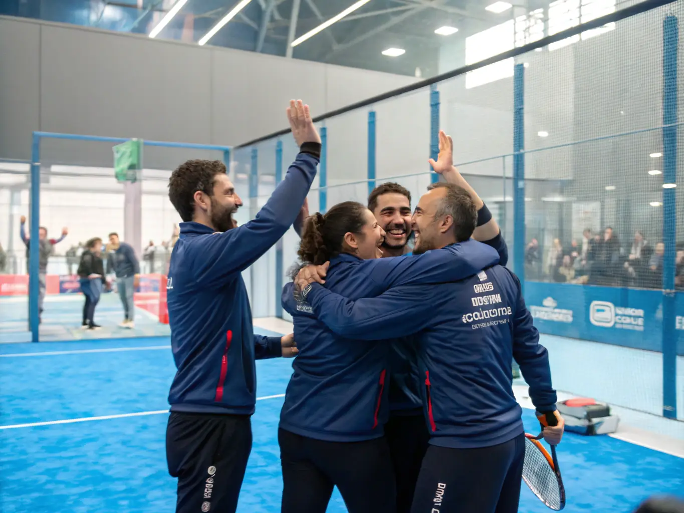 A group of handball players celebrating a victory, emphasizing the teamwork and camaraderie fostered by the sport, with the MESNILS-SUR-ITON HANDBALL logo subtly displayed.