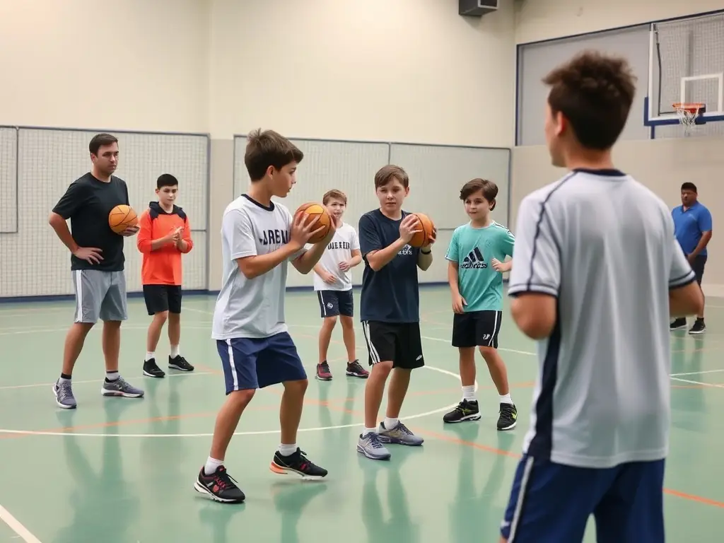 A dynamic action shot of young handball players in a training session, focusing on skill development and teamwork, set against the backdrop of a modern sports hall.